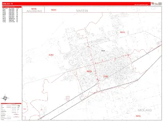 Midland, TX RedLine style ZIP Code wall map