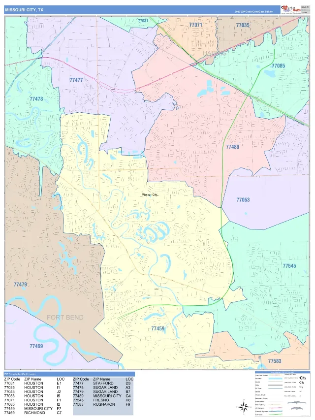 Missouri City, TX ZIP Code Wall Map, ColorCast style