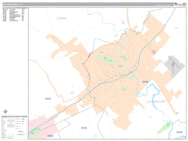 New Braunfels, TX ZIP Code Wall Map, Classic style