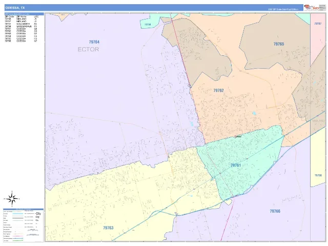 Odessa, TX ZIP Code Wall Map, ColorCast style