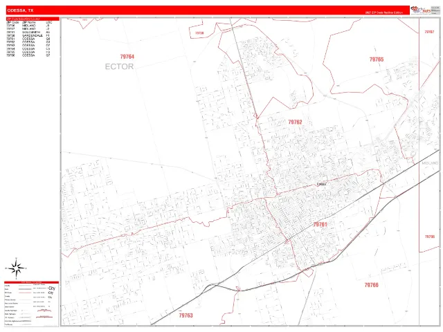 Odessa, TX ZIP Code Wall Map, RedLine style