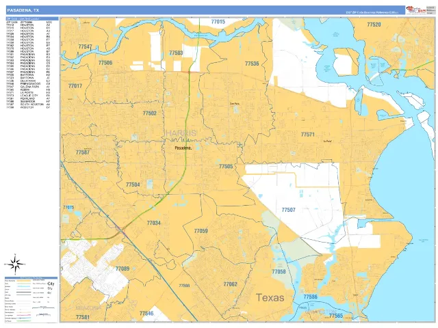 Pasadena, TX ZIP Code Wall Map, Business Reference style