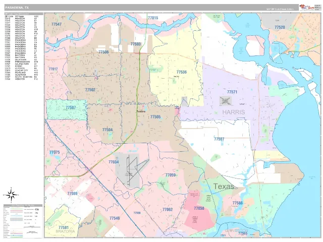 Pasadena, TX ZIP Code Wall Map, Classic style