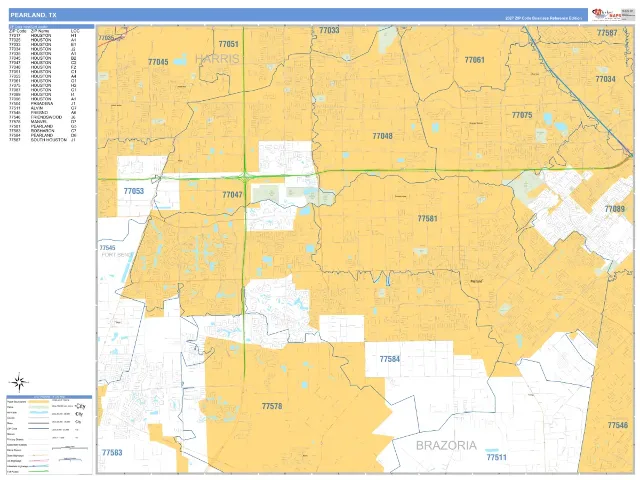 Pearland, TX ZIP Code Wall Map, Business Reference style