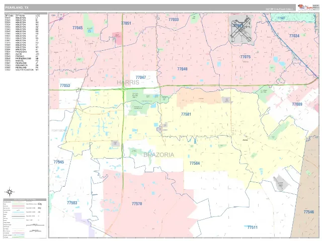 Pearland, TX ZIP Code Wall Map, Classic style