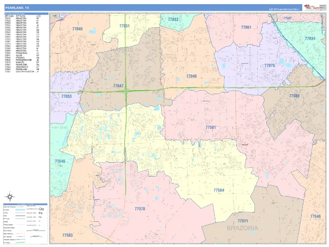 Pearland, TX ZIP Code Wall Map, ColorCast style