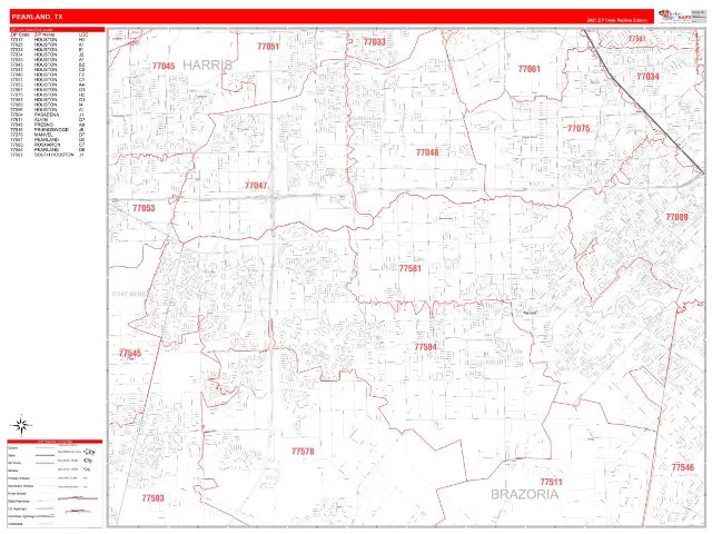 Pearland, TX ZIP Code Wall Map, RedLine style