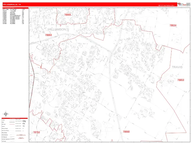 Pflugerville, TX ZIP Code Wall Map, RedLine style