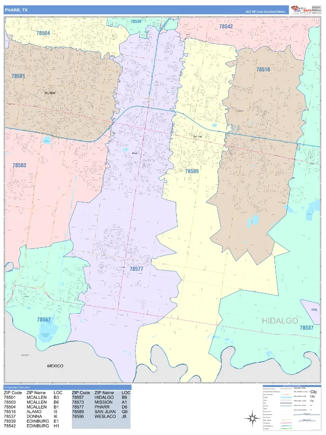 Pharr, TX ZIP Code Wall Map, ColorCast style