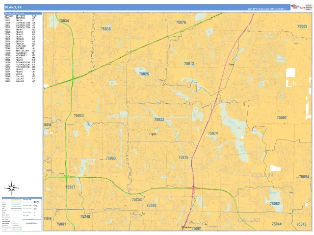 Plano, TX ZIP Code Wall Map, Business Reference style