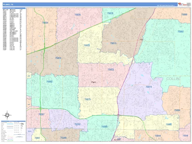 Plano, TX ZIP Code Wall Map, ColorCast style