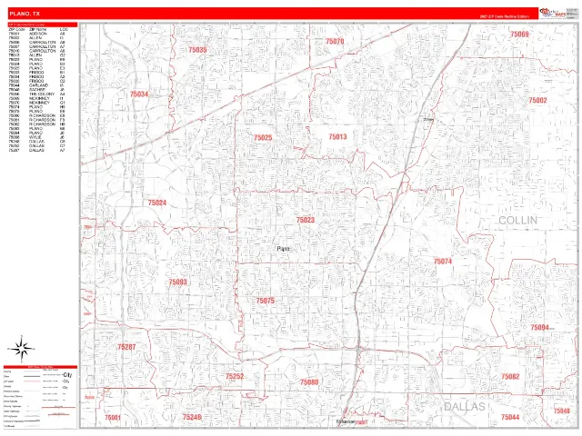 Plano, TX ZIP Code Wall Map, RedLine style