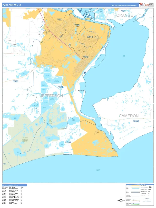 Port Arthur, TX ZIP Code Wall Map, Business Reference style