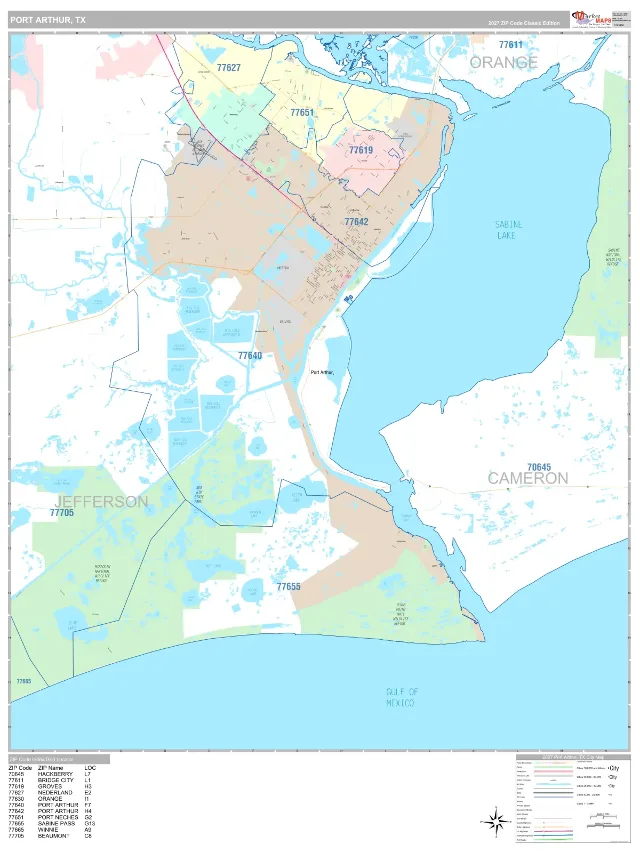 Port Arthur, TX ZIP Code Wall Map, Classic style