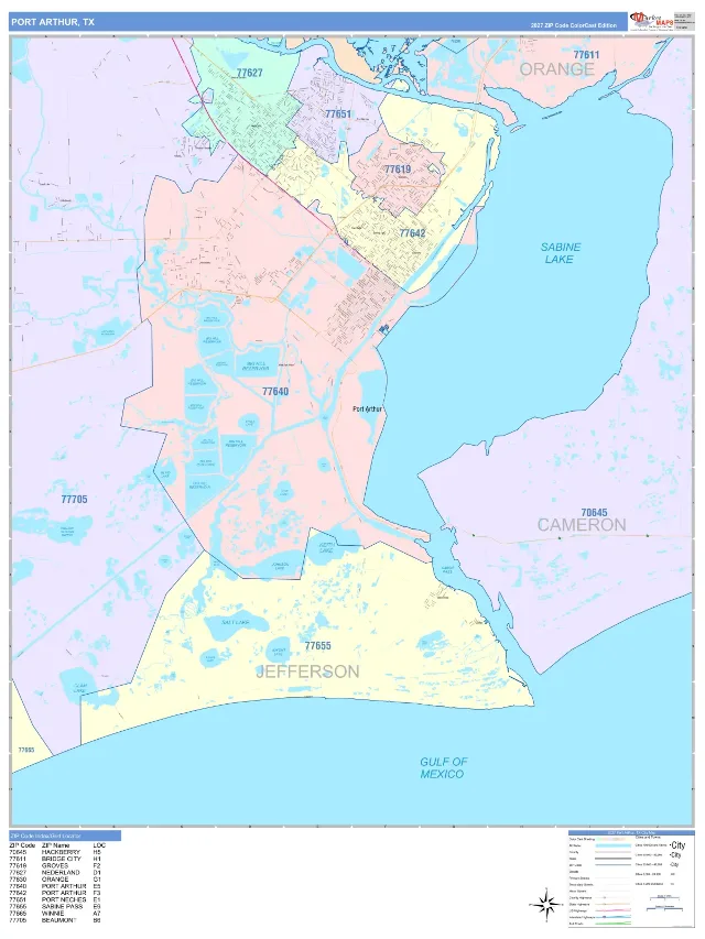 Port Arthur, TX ZIP Code Wall Map, ColorCast style