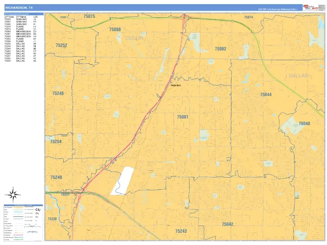 Richardson, TX ZIP Code Wall Map, Business Reference style