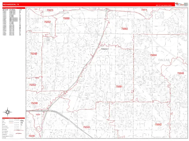 Richardson, TX ZIP Code Wall Map, RedLine style