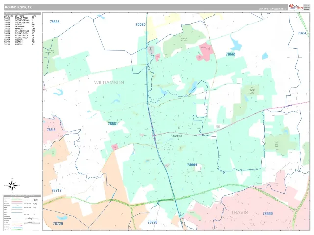 Round Rock, TX ZIP Code Wall Map, Classic style