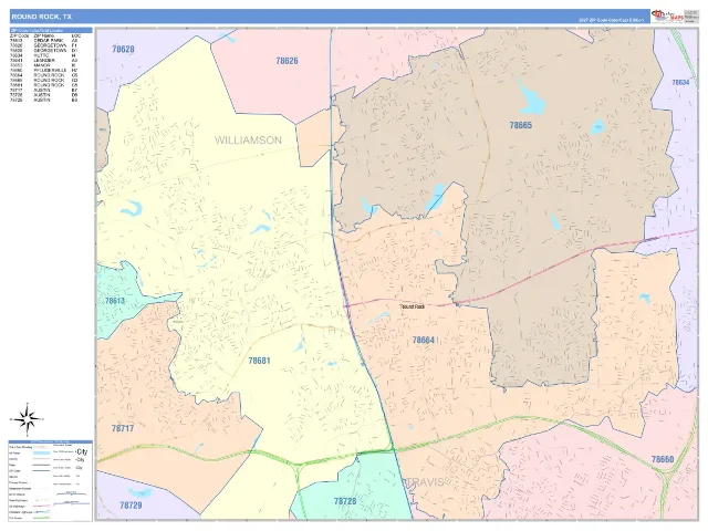 Round Rock, TX ZIP Code Wall Map, ColorCast style