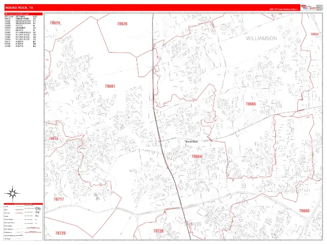 Round Rock, TX ZIP Code Wall Map, RedLine style