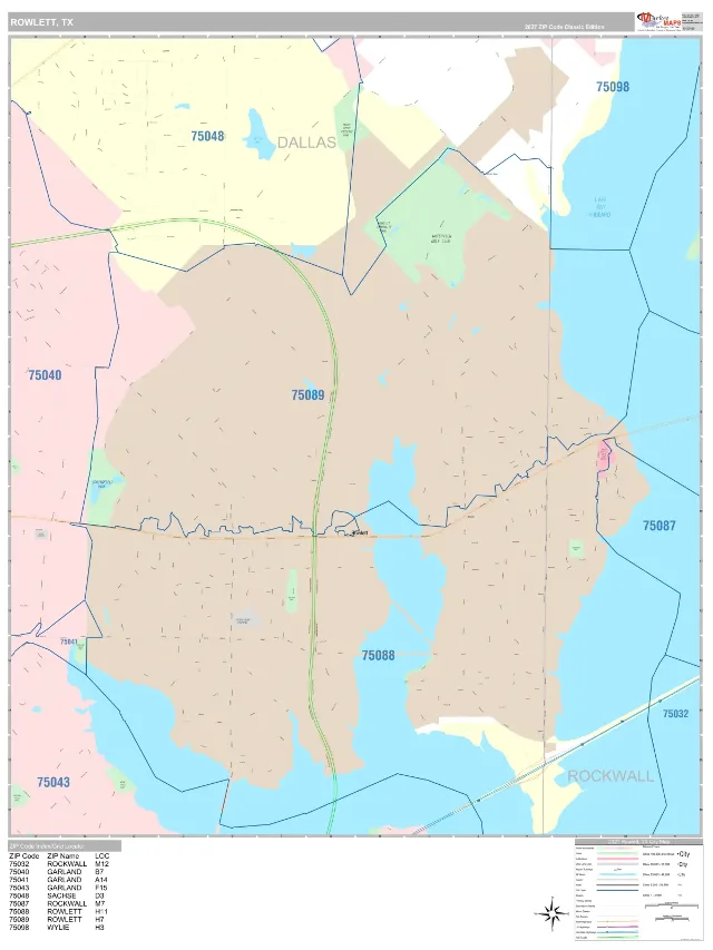 Rowlett, TX ZIP Code Wall Map, Classic style
