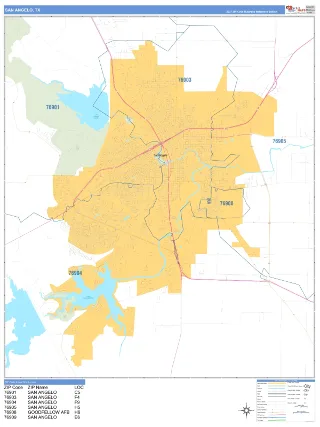 San Angelo, TX Business Reference style ZIP Code wall map