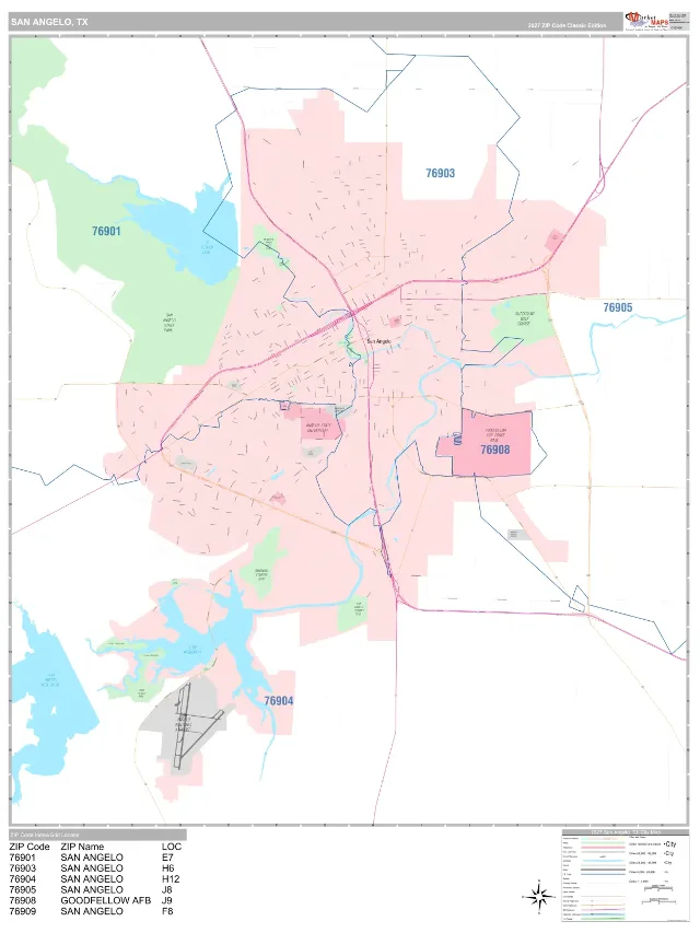 San Angelo, TX ZIP Code Wall Map, Classic style