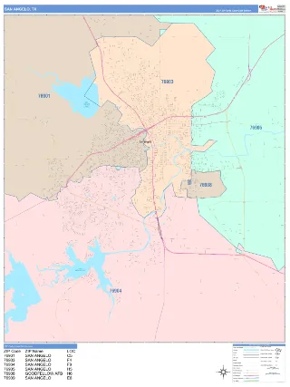 San Angelo, TX ColorCast style ZIP Code wall map