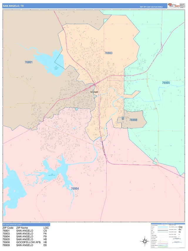 San Angelo, TX ZIP Code Wall Map, ColorCast style
