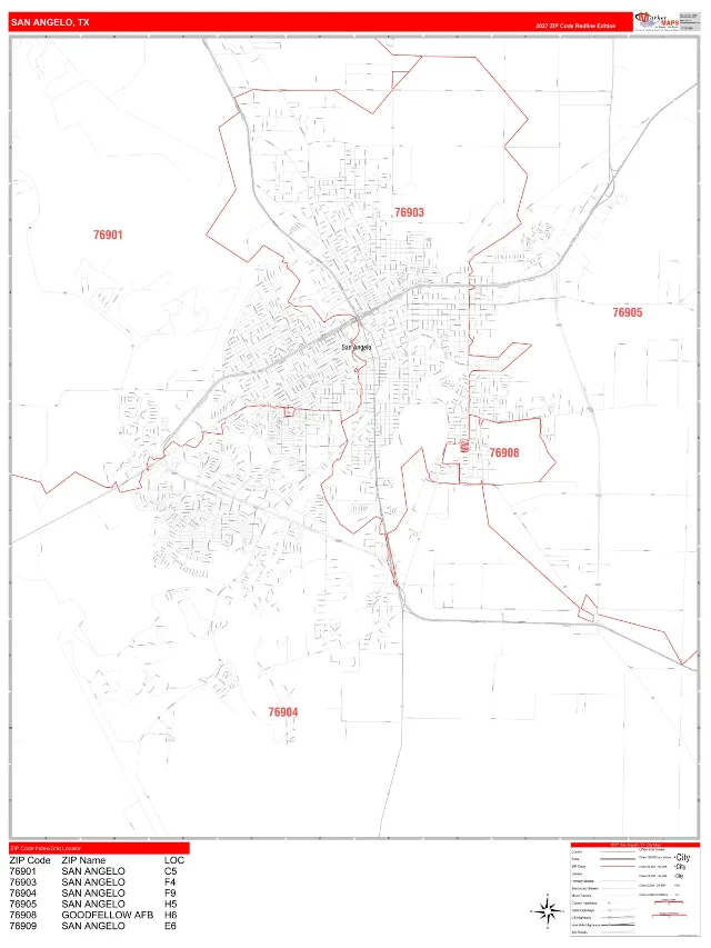 San Angelo, TX ZIP Code Wall Map, RedLine style