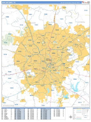 San Antonio, TX Business Reference style ZIP Code wall map