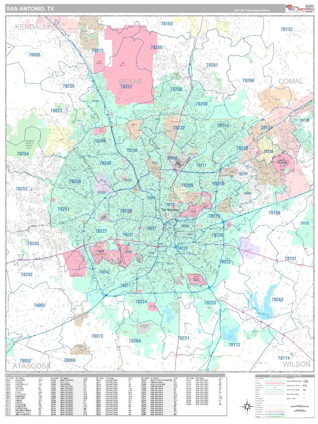 San Antonio, TX ZIP Code Wall Map, Classic style