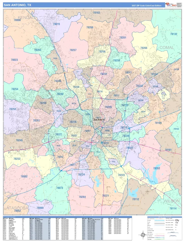 San Antonio, TX ZIP Code Wall Map, ColorCast style
