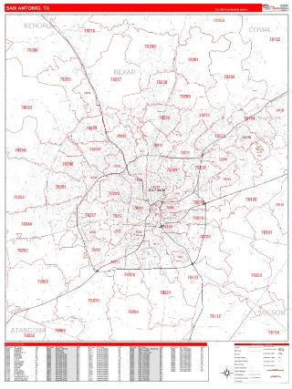 San Antonio, TX RedLine style ZIP Code wall map