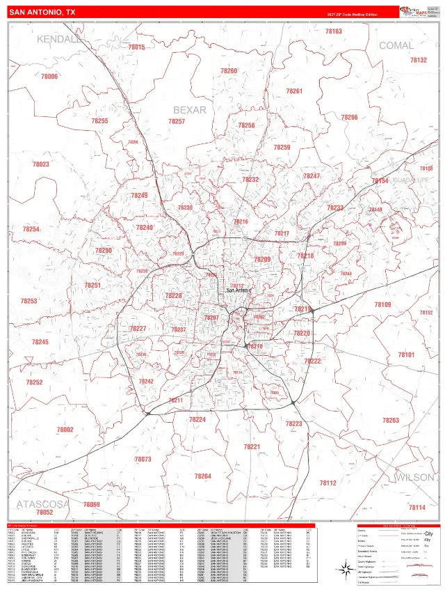 San Antonio, TX ZIP Code Wall Map, RedLine style