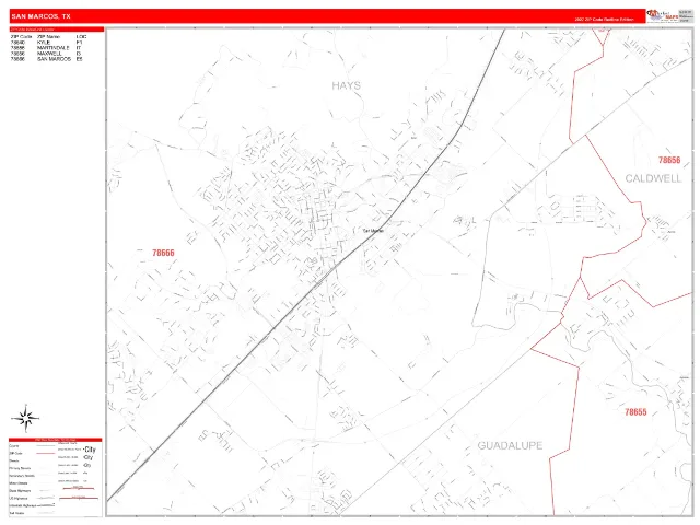 San Marcos, TX ZIP Code Wall Map, RedLine style