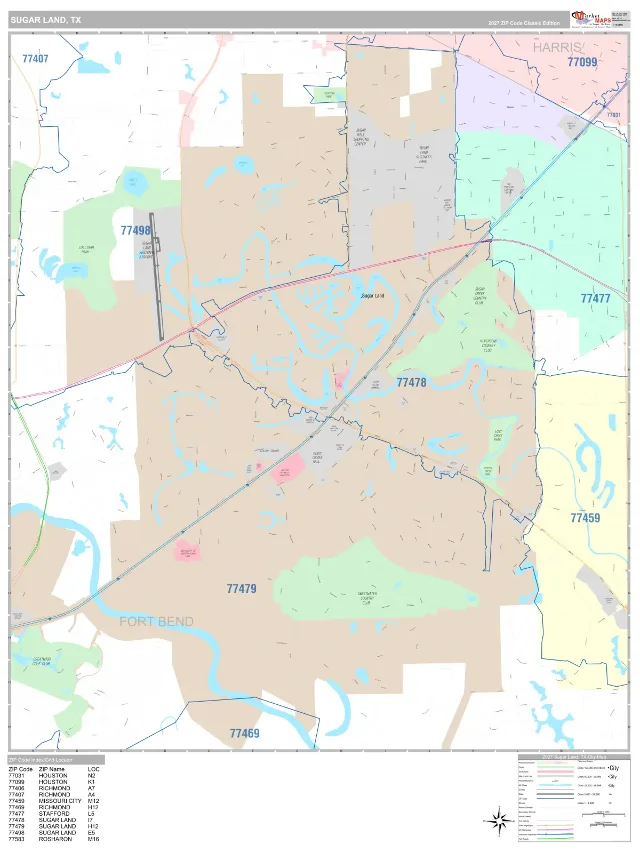 Sugar Land, TX ZIP Code Wall Map, Classic style