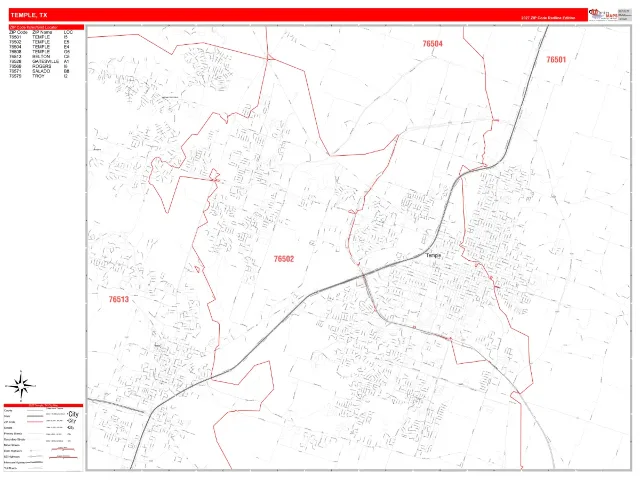 Temple, TX ZIP Code Wall Map, RedLine style