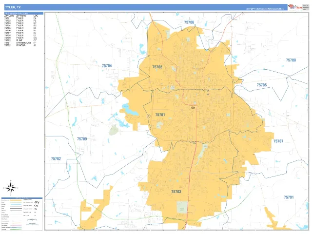 Tyler, TX ZIP Code Wall Map, Business Reference style