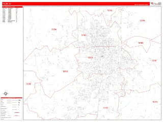 Tyler, TX RedLine style ZIP Code wall map
