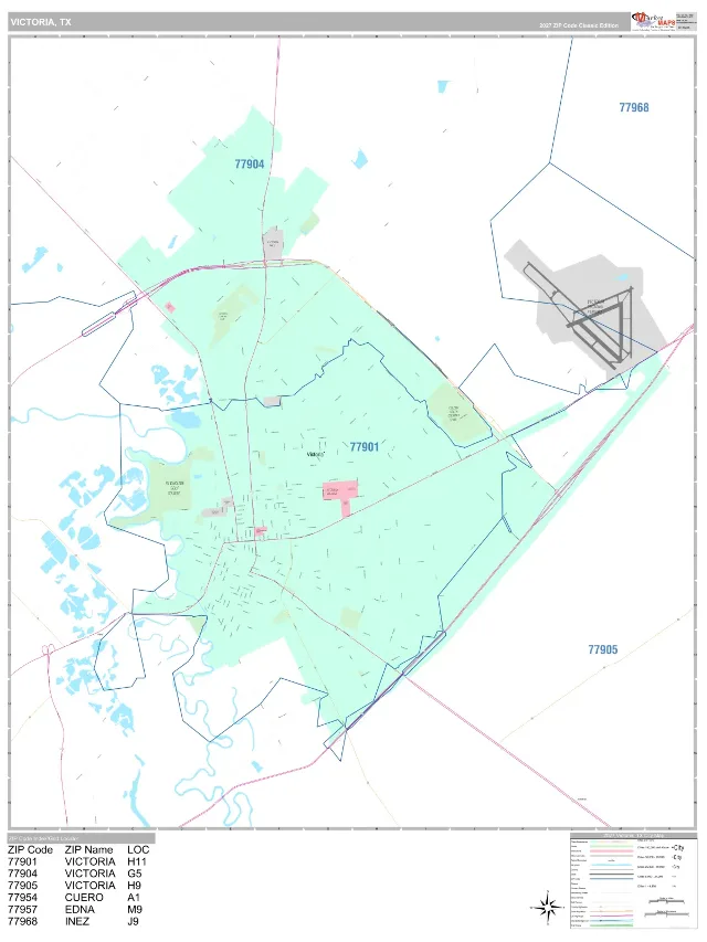 Victoria, TX ZIP Code Wall Map, Classic style