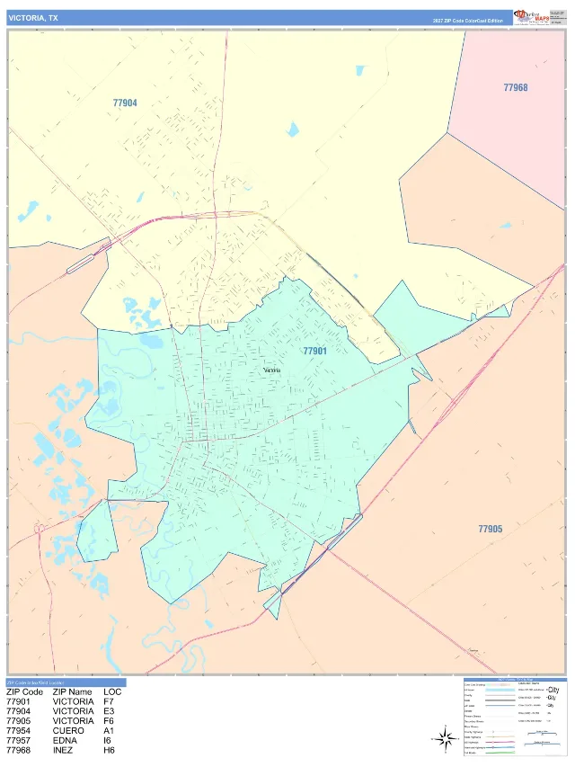 Victoria, TX ZIP Code Wall Map, ColorCast style