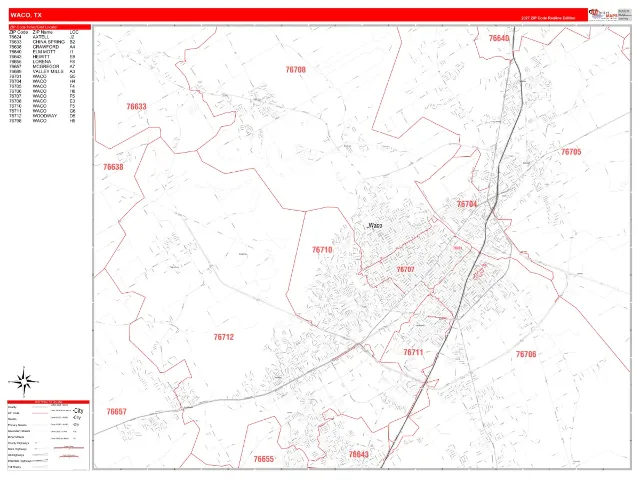 Waco, TX ZIP Code Wall Map, RedLine style