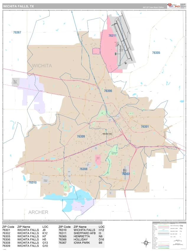 Wichita Falls, TX ZIP Code Wall Map, Classic style