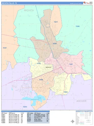 Wichita Falls, TX ColorCast style ZIP Code wall map