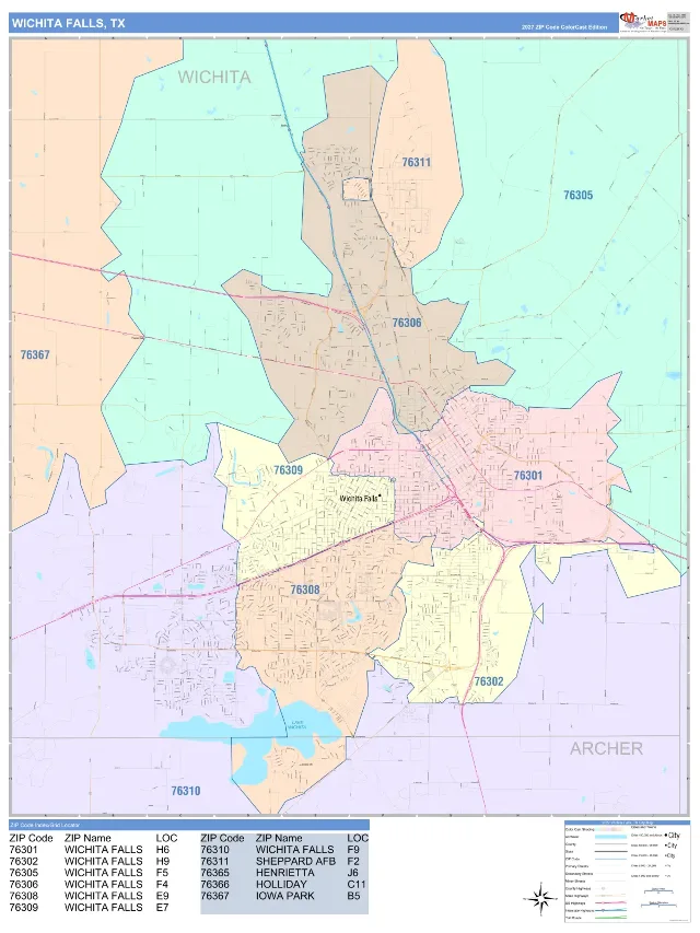 Wichita Falls, TX ZIP Code Wall Map, ColorCast style