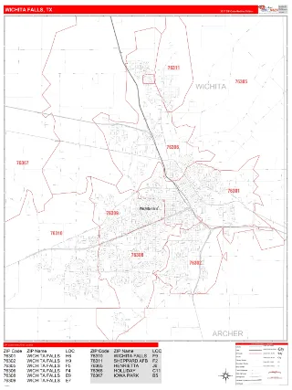 Wichita Falls, TX RedLine style ZIP Code wall map