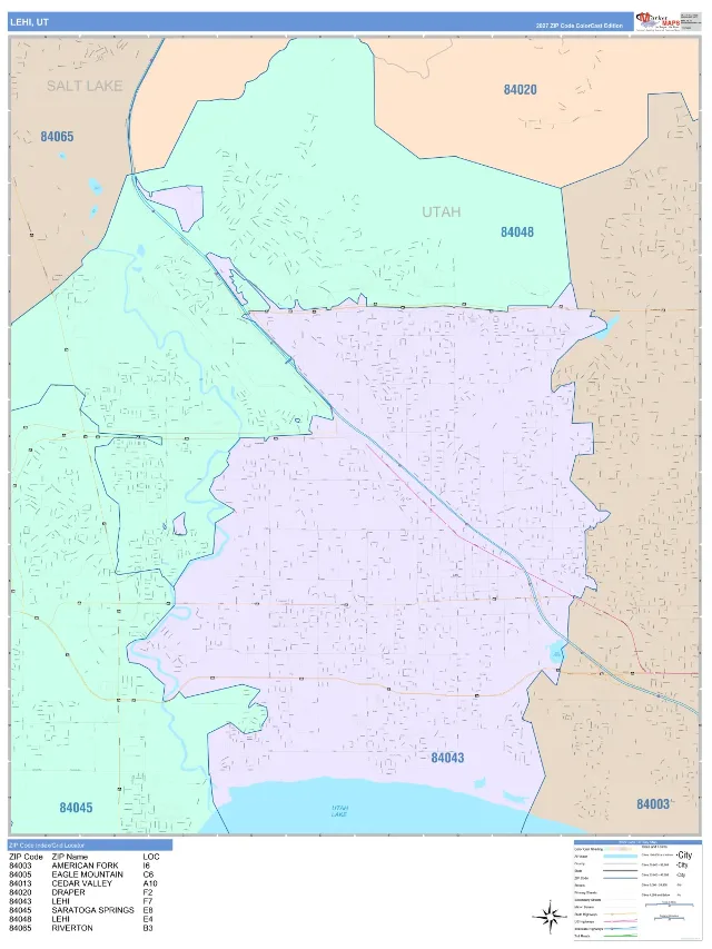 Lehi, UT ZIP Code Wall Map, ColorCast style
