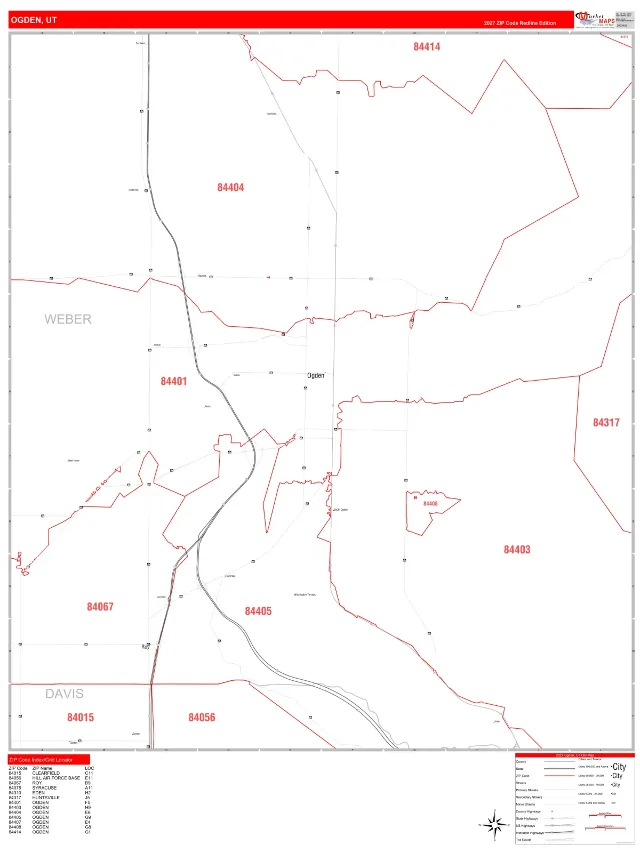 Ogden, UT ZIP Code Wall Map, RedLine style