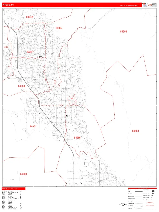 Provo, UT ZIP Code Wall Map, RedLine style